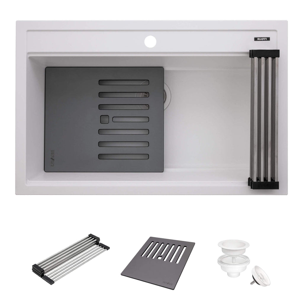 Ruvati epiCube — Tarja Workstation de Cocina en Granito Compuesto — Blanco Ártico — 1