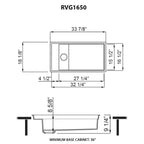 Ruvati epiStage — Tarja Workstation de Cocina de 18 x 34 pulg en Granito Compuesto — diagrama de dimensiones