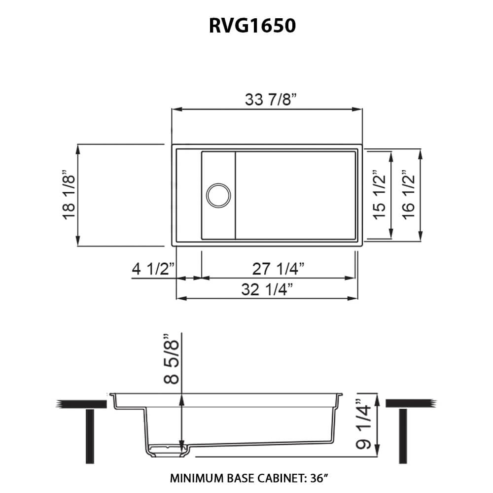 Ruvati epiStage — Tarja Workstation de Cocina de 18 x 34 pulg en Granito Compuesto — diagrama de dimensiones