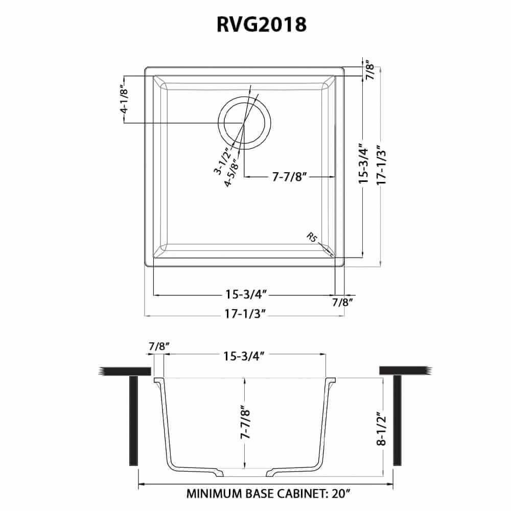 Ruvati epiGranite — Tarja de Bar / Prep de 17 x 17 pulg en Granito Compuesto — diagrama de dimensiones