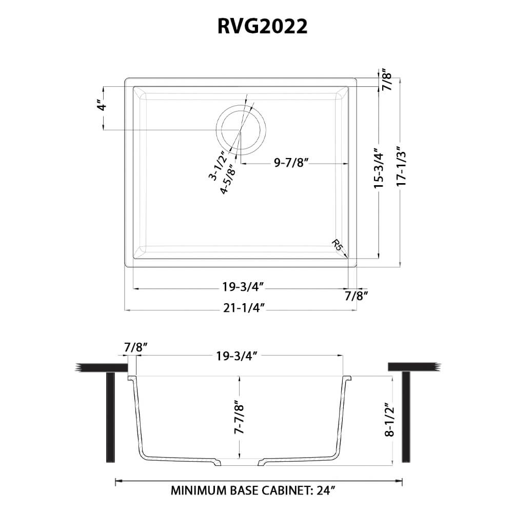Ruvati epiGranite — Tarja de Bar / Prep de 21 x 17 pulg en Granito Compuesto — diagrama de dimensiones