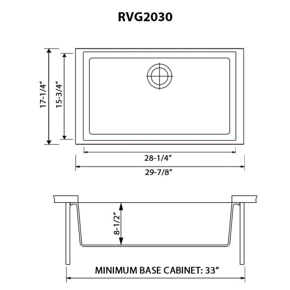 Ruvati epiGranite — Tarja de Cocina de 30 x 18 pulg en Granito Compuesto — diagrama de dimensiones