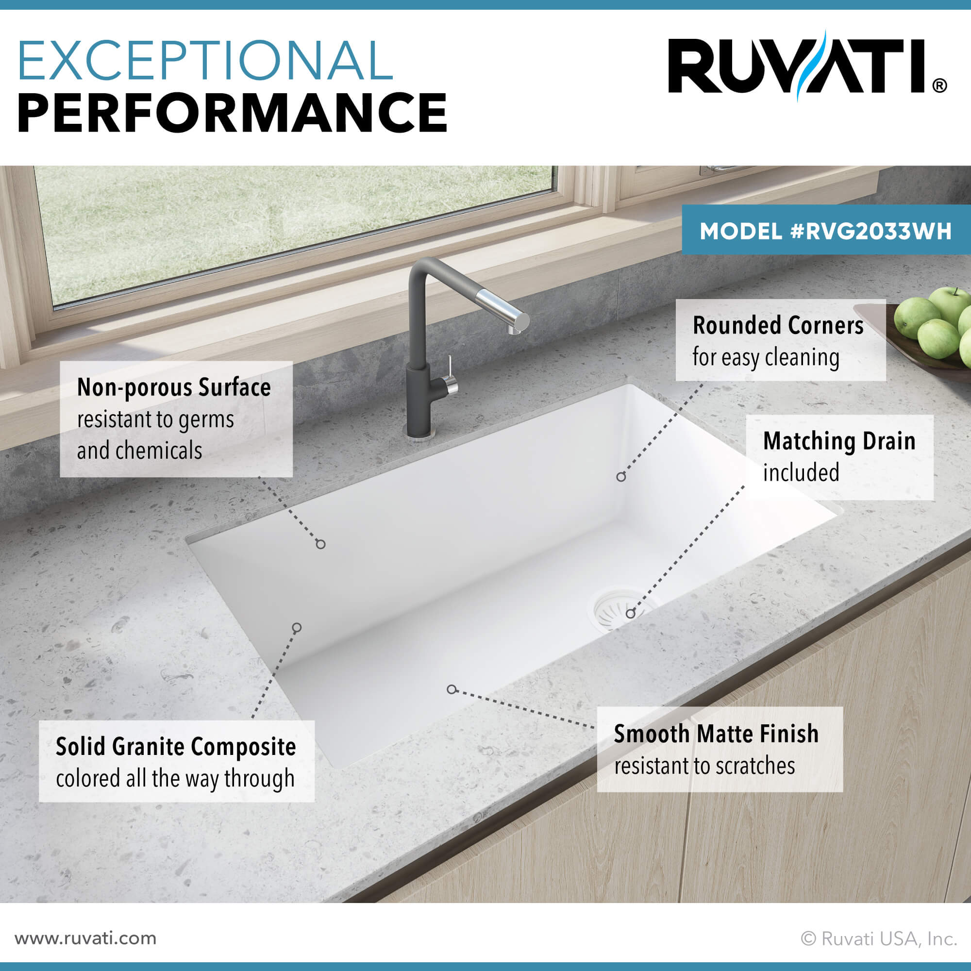 Ruvati epiGranite — Tarja de Cocina de 31 x 19 pulg en Granito Compuesto — Blanco Ártico — 1