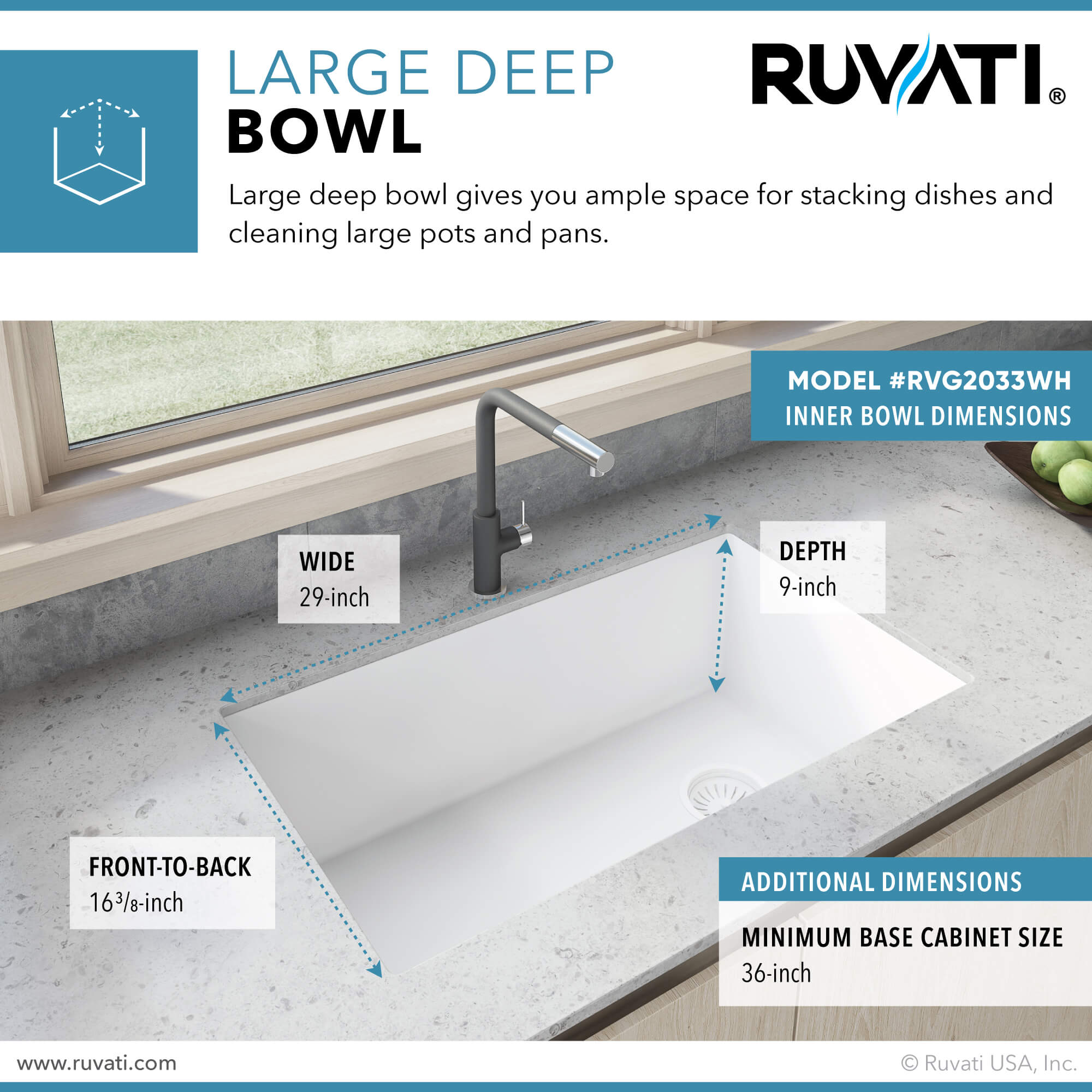 Ruvati epiGranite — Tarja de Cocina de 31 x 19 pulg en Granito Compuesto — Blanco Ártico — 2