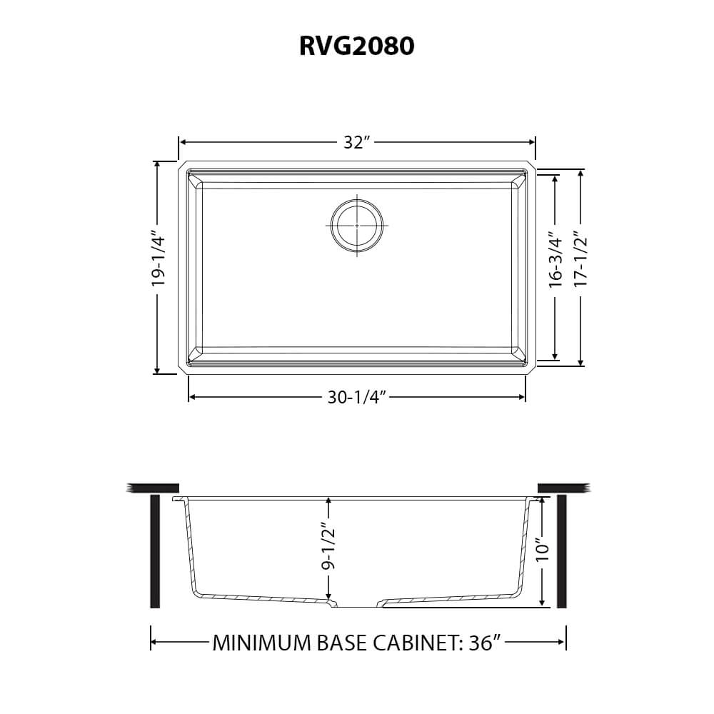 Ruvati epiGranite — Tarja de Cocina de 33 x 19 pulg en Granito Compuesto — diagrama de dimensiones