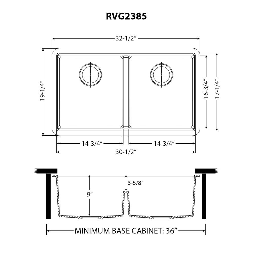 Ruvati epiGranite — Tarja de Cocina de 33 x 19 pulg en Granito Compuesto — diagrama de dimensiones