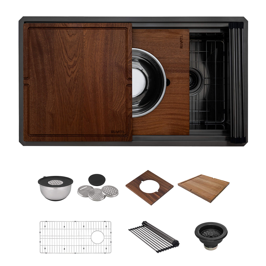 Ruvati Dual-Tier Pro — Tarja Workstation de Cocina en Acero Inoxidable — Negro Gunmetal — 4