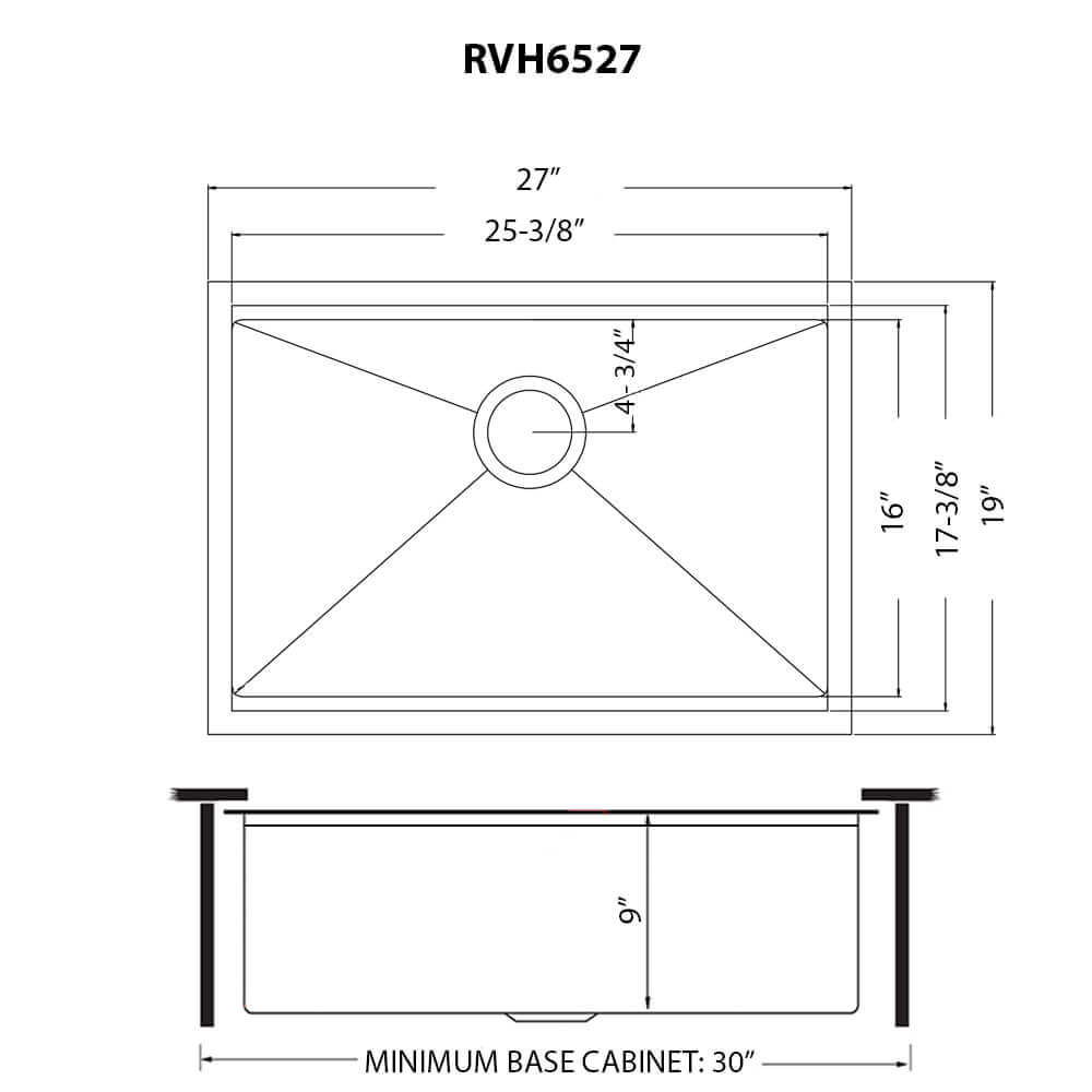 Ruvati Giana — Tarja Workstation de Cocina en Acero Inoxidable — diagrama de dimensiones
