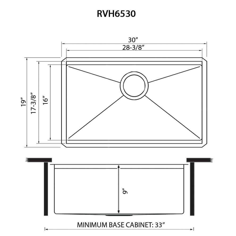 Ruvati Giana — Tarja Workstation de Cocina en Acero Inoxidable — diagrama de dimensiones