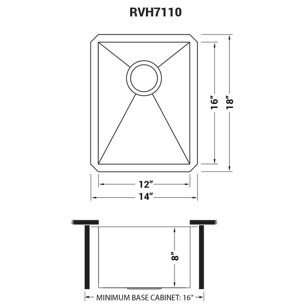 Ruvati Nesta — Tarja de Bar / Prep en Acero Inoxidable — diagrama de dimensiones