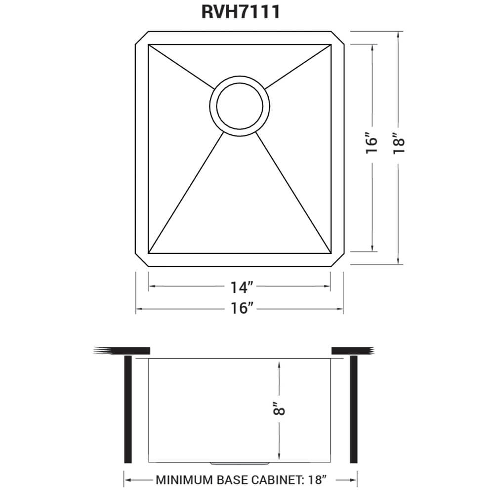 Ruvati Nesta — Tarja de Bar / Prep en Acero Inoxidable — diagrama de dimensiones