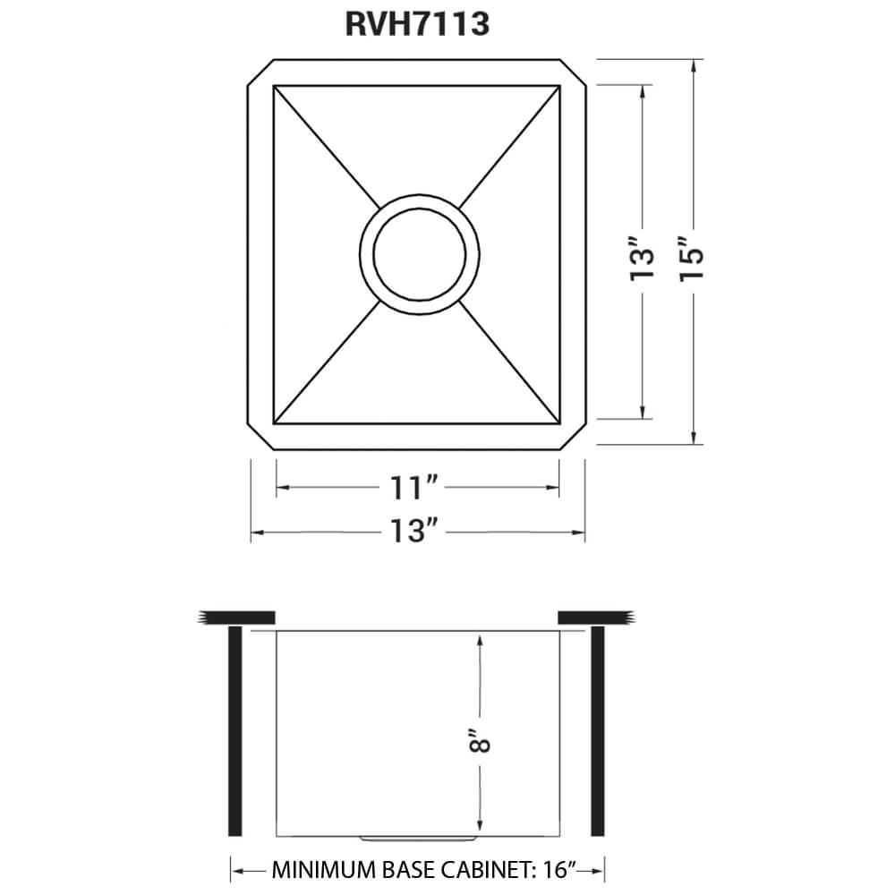 Ruvati Nesta — Tarja de Bar / Prep de 13 x 15 pulg en Acero Inoxidable — diagrama de dimensiones