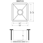 Ruvati Nesta — Tarja de Bar / Prep de 13 x 15 pulg en Acero Inoxidable — diagrama de dimensiones