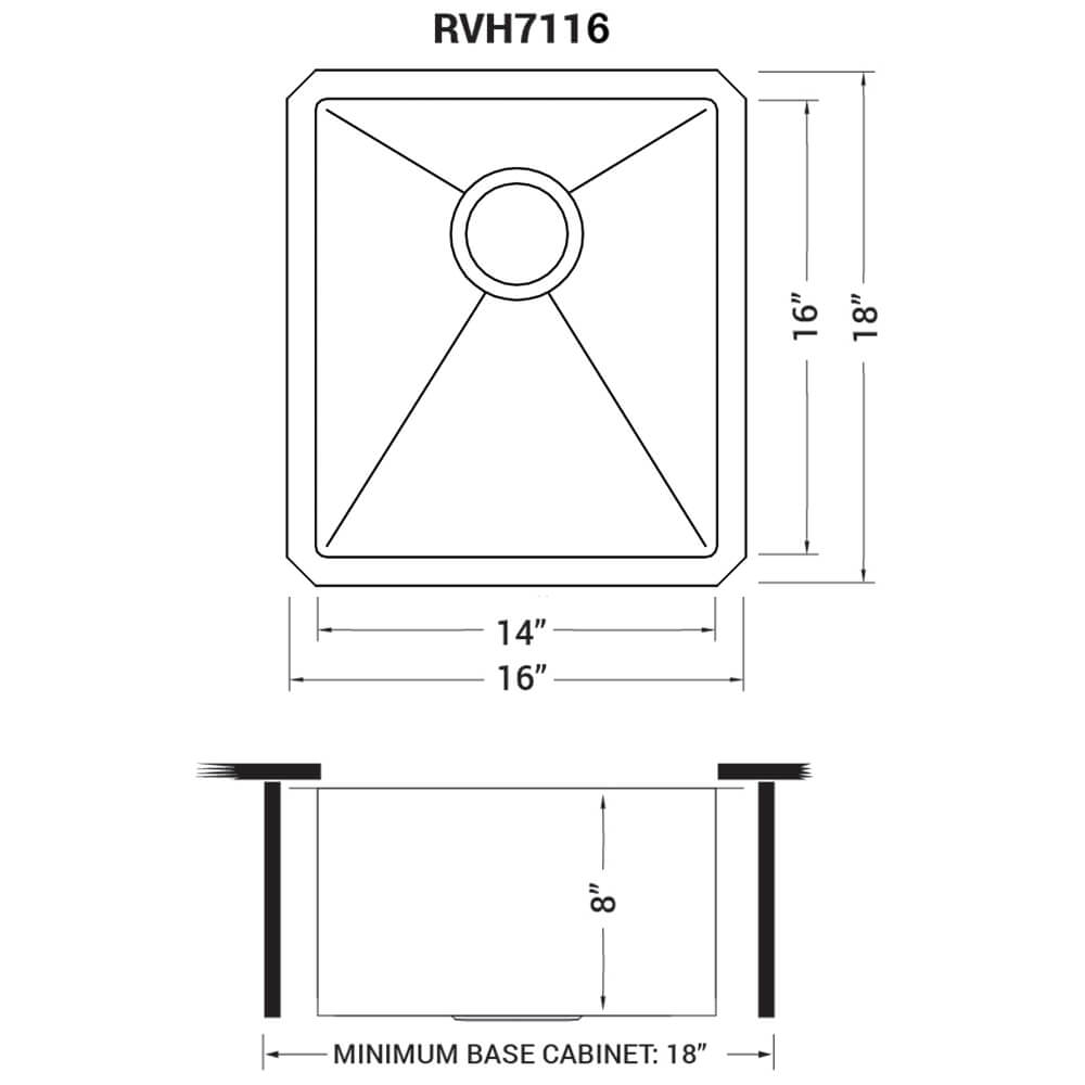 Ruvati Gravena — Tarja de Bar / Prep de 16 x 18 pulg en Acero Inoxidable — diagrama de dimensiones