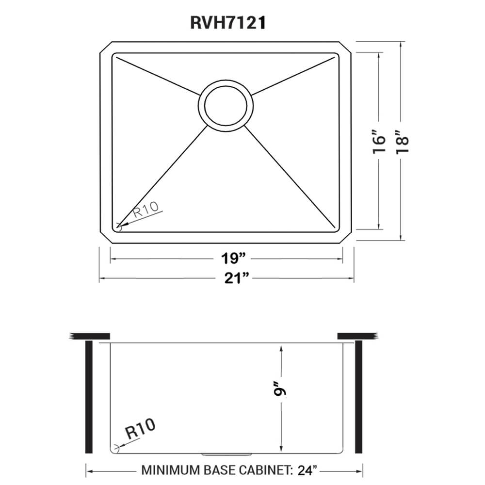 Ruvati Terraza — Tarja de Bar / Prep en Acero Inoxidable — diagrama de dimensiones