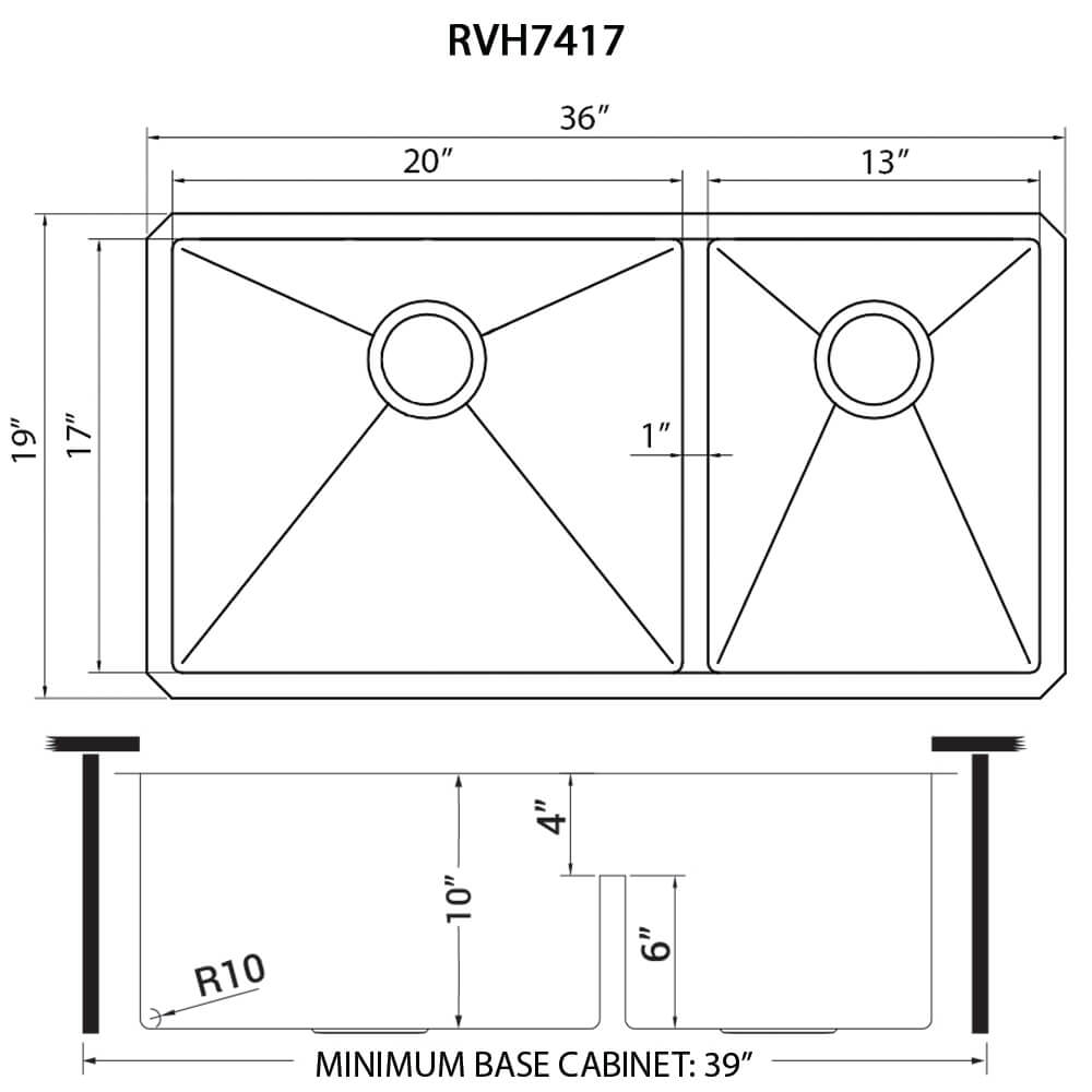 Ruvati Urbana — Tarja de Cocina en Acero Inoxidable — diagrama de dimensiones