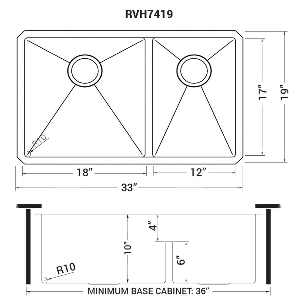 Ruvati Urbana — Tarja de Cocina en Acero Inoxidable — diagrama de dimensiones