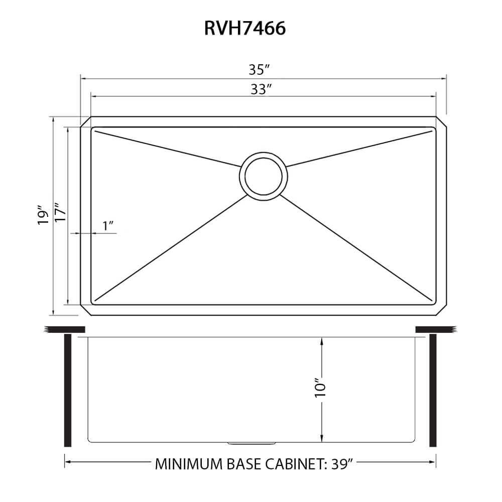 Ruvati Gravena — Tarja de Cocina en Acero Inoxidable — diagrama de dimensiones
