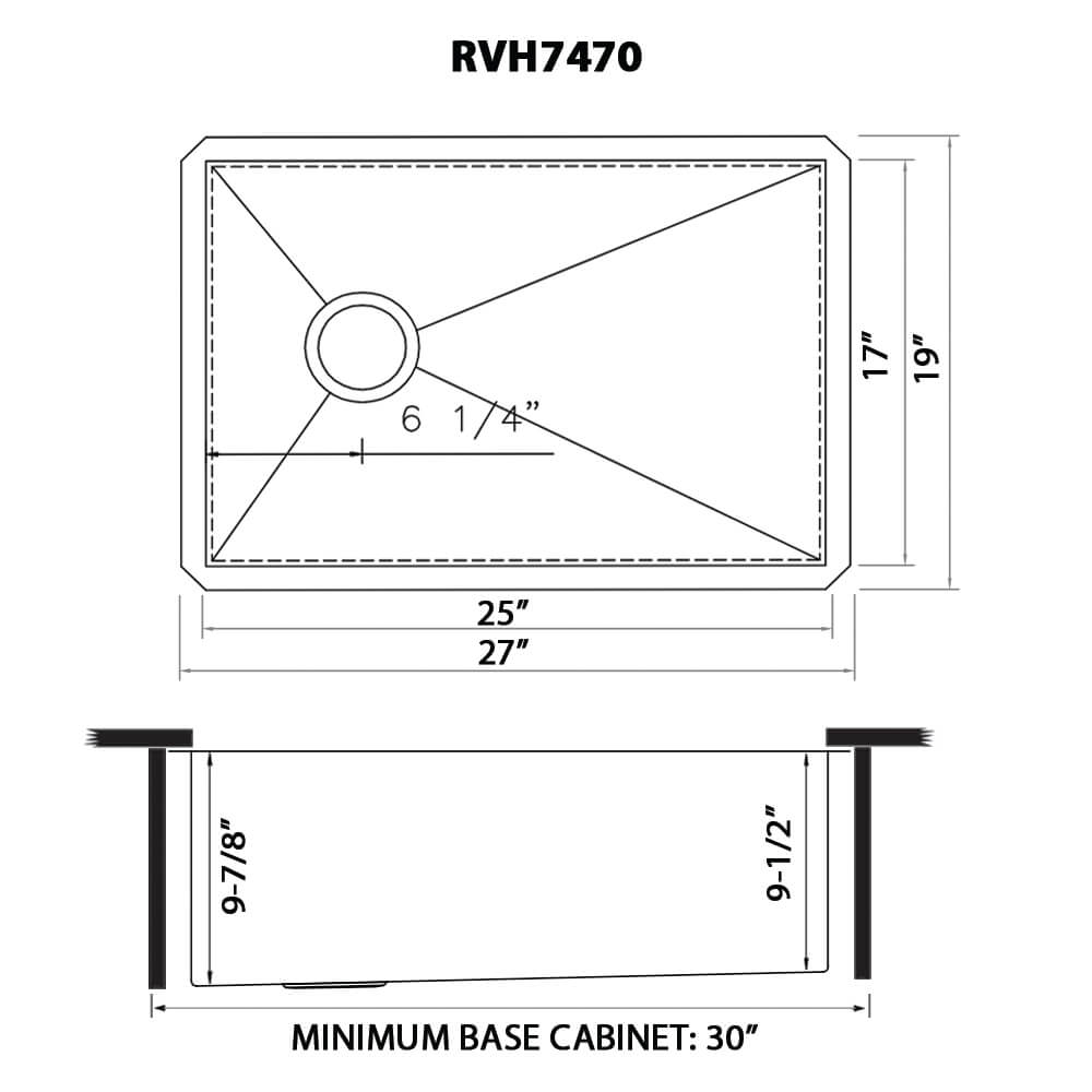 Ruvati Tribeca — Tarja de Cocina en Acero Inoxidable — diagrama de dimensiones