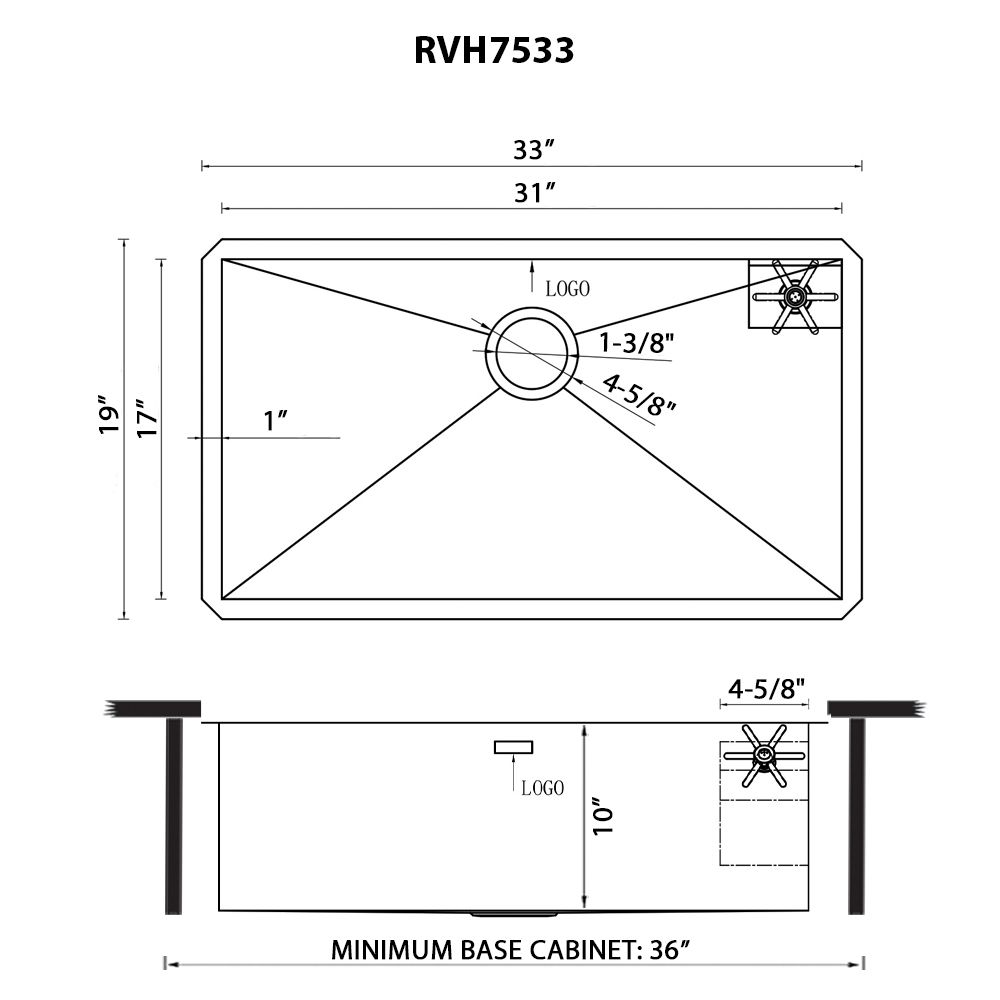 Ruvati Ibiza — Tarja de Cocina en Acero Inoxidable — diagrama de dimensiones