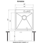 Ruvati Tirana Pro — Tarja de Bar / Prep de 18 x 20 pulg en Acero Inoxidable — diagrama de dimensiones