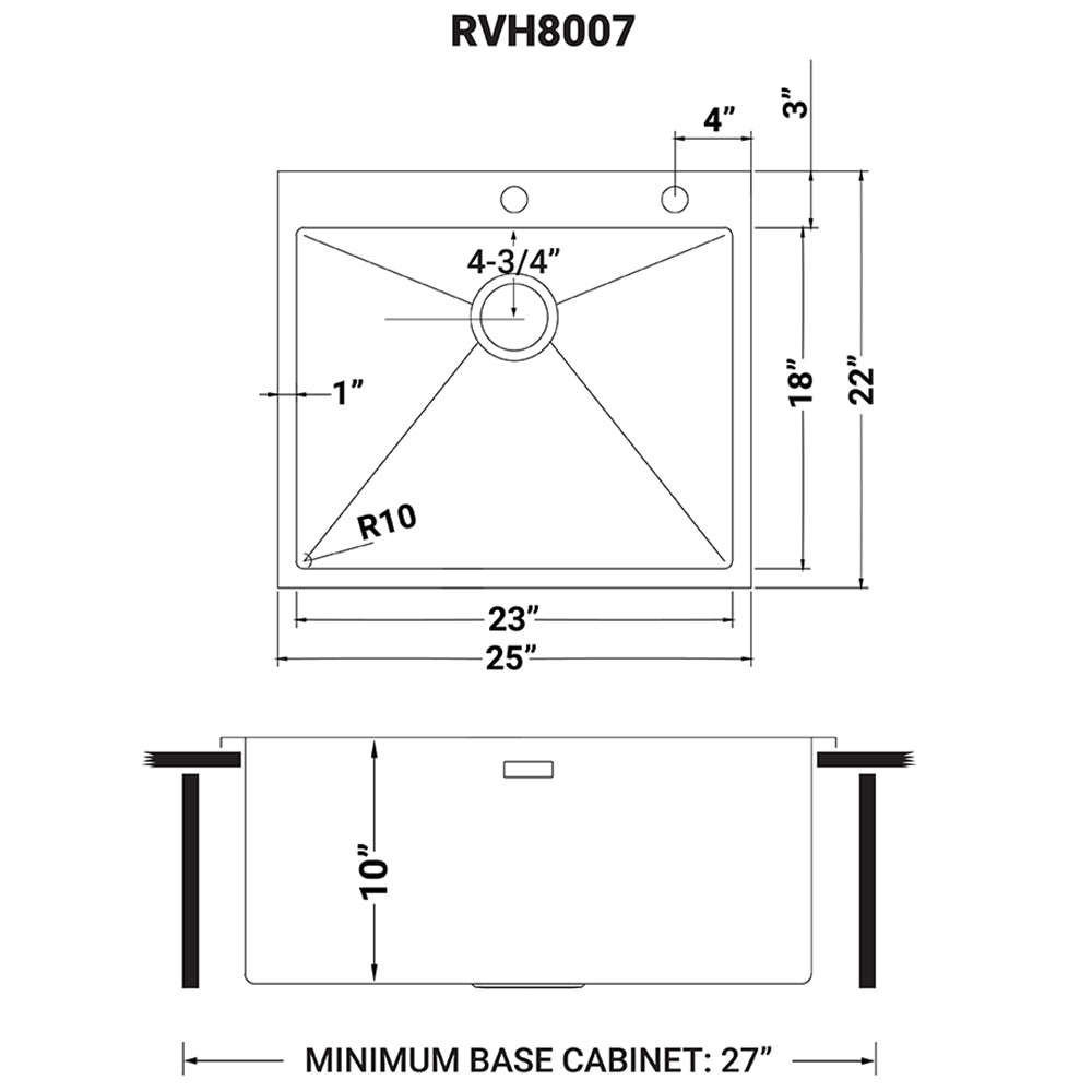 Ruvati Tirana Pro — Tarja de Cocina en Acero Inoxidable — diagrama de dimensiones