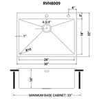 Ruvati Tirana Pro — Tarja de Cocina de 30 x 22 pulg en Acero Inoxidable — diagrama de dimensiones