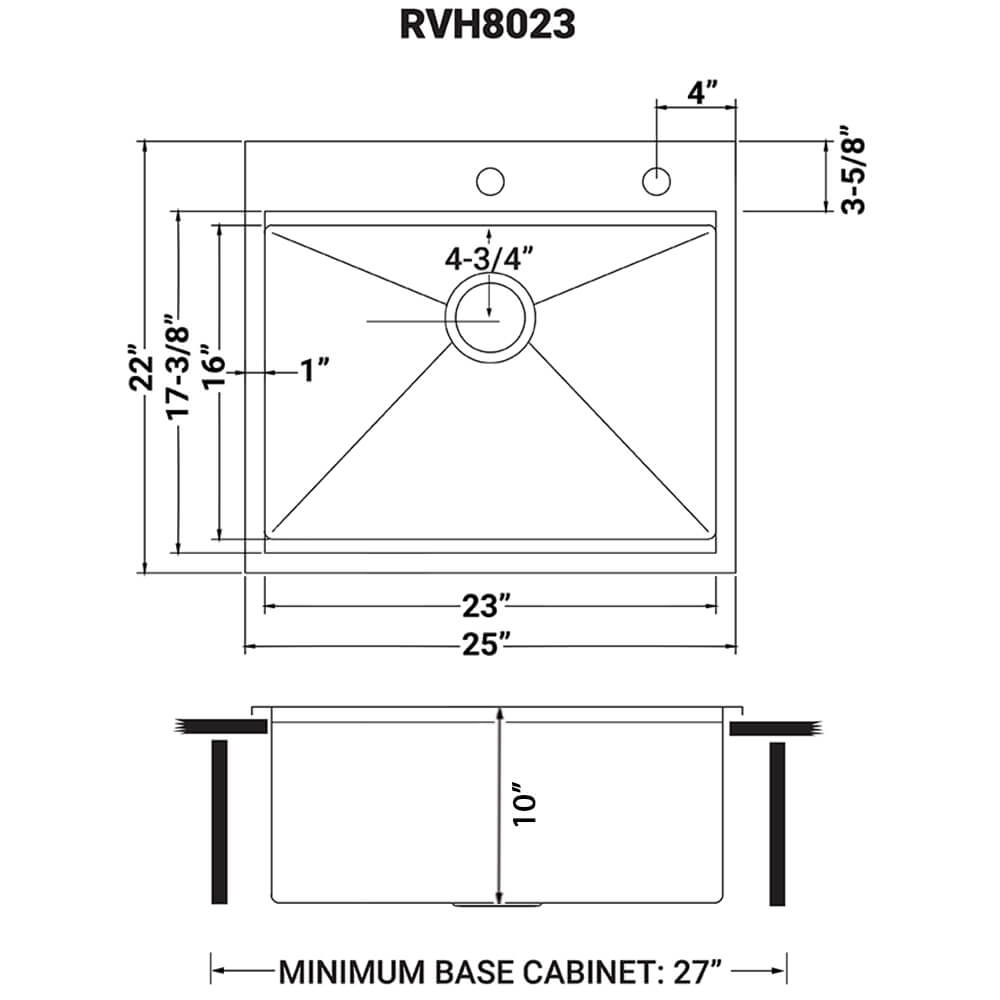 Ruvati Siena — Tarja Workstation de Cocina de 25 x 22 pulg en Acero Inoxidable — diagrama de dimensiones