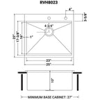 Ruvati Siena — Tarja Workstation de Cocina de 25 x 22 pulg en Acero Inoxidable — diagrama de dimensiones