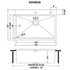 Ruvati Siena — Tarja Workstation de Cocina de 30 x 22 pulg en Acero Inoxidable — diagrama de dimensiones
