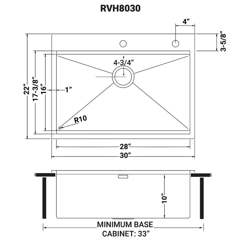 Ruvati Siena — Tarja Workstation de Cocina de 30 x 22 pulg en Acero Inoxidable — diagrama de dimensiones