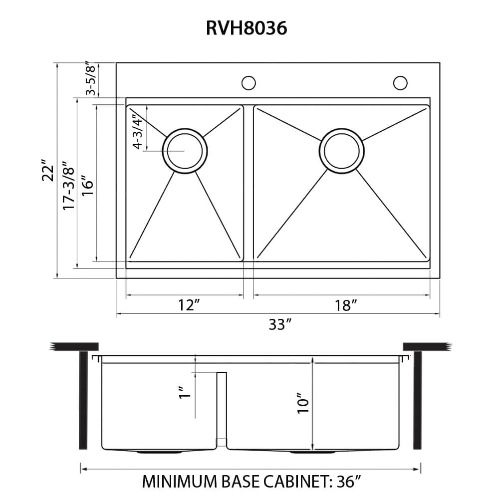 Ruvati Siena — Tarja Workstation de Cocina de 33 x 22 pulg en Acero Inoxidable — diagrama de dimensiones