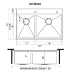 Ruvati Siena — Tarja Workstation de Cocina de 33 x 22 pulg en Acero Inoxidable — diagrama de dimensiones