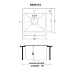 Ruvati Tirana — Tarja de Bar / Prep de 15 x 15 pulg en Acero Inoxidable — diagrama de dimensiones