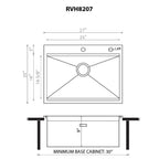 Ruvati Vino — Tarja Workstation de Cocina de 27 x 20 pulg en Acero Inoxidable — diagrama de dimensiones