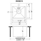Ruvati Vino — Tarja de Bar / Prep de 15 x 15 pulg en Acero Inoxidable — diagrama de dimensiones