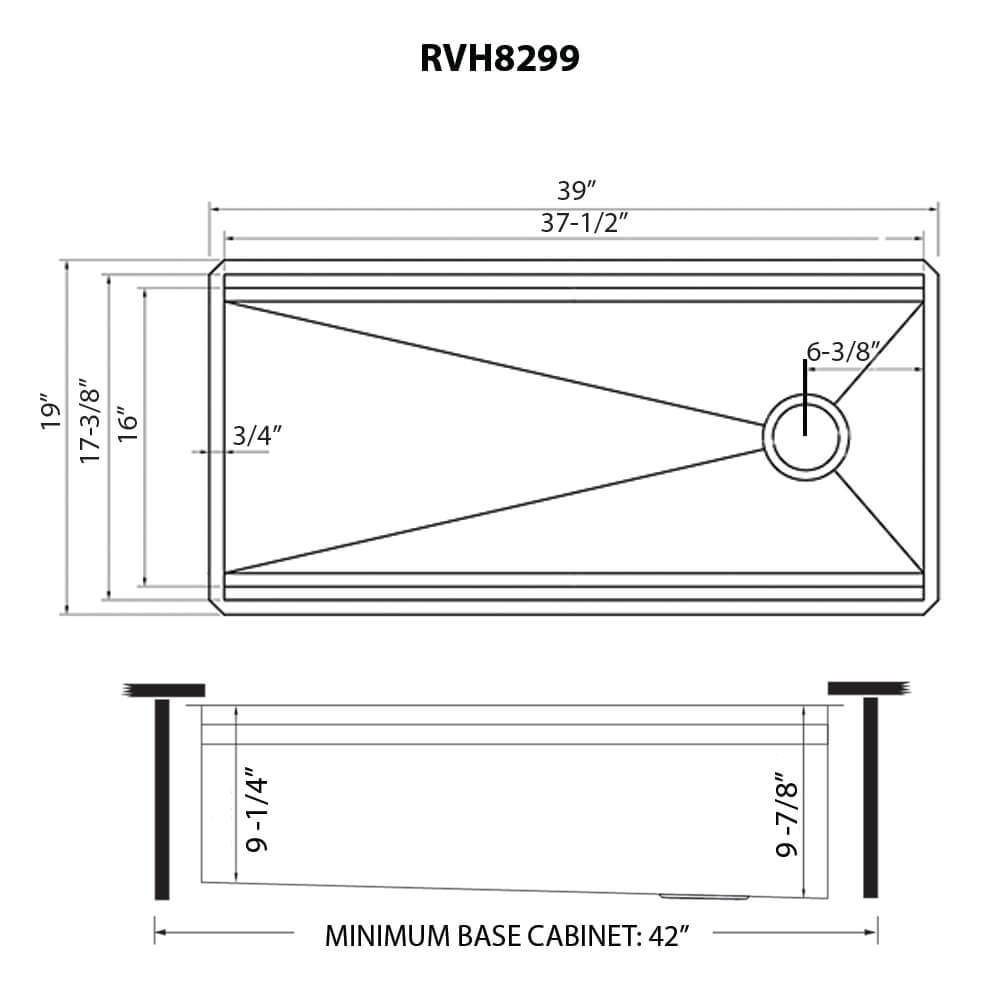Ruvati Dual-Tier — Tarja Workstation de Cocina en Acero Inoxidable — diagrama de dimensiones