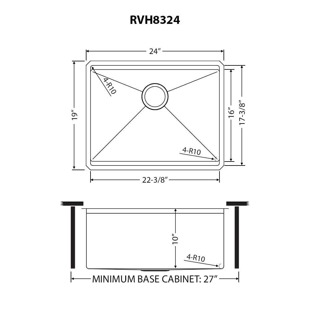Ruvati Roma Pro — Tarja Workstation de Cocina en Acero Inoxidable — diagrama de dimensiones
