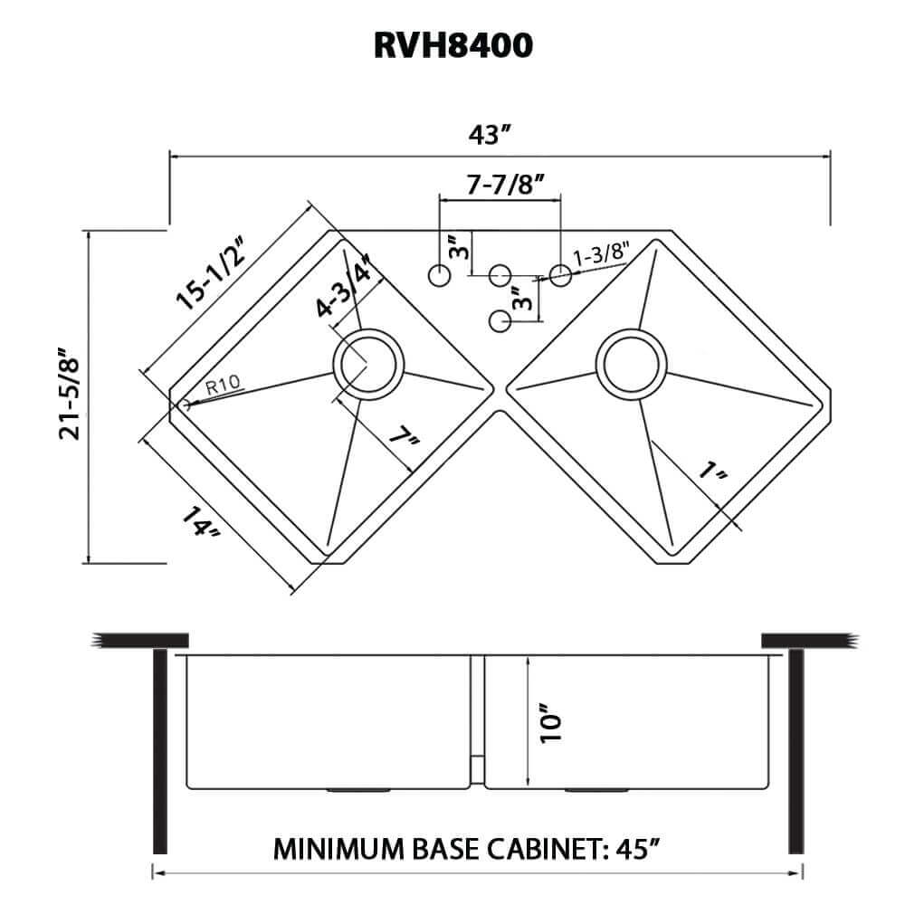Ruvati Gravena — Tarja de Cocina en Acero Inoxidable — diagrama de dimensiones