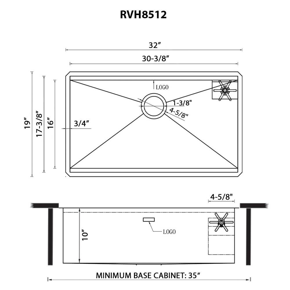 Ruvati Ibiza — Tarja Workstation de Cocina en Acero Inoxidable — diagrama de dimensiones