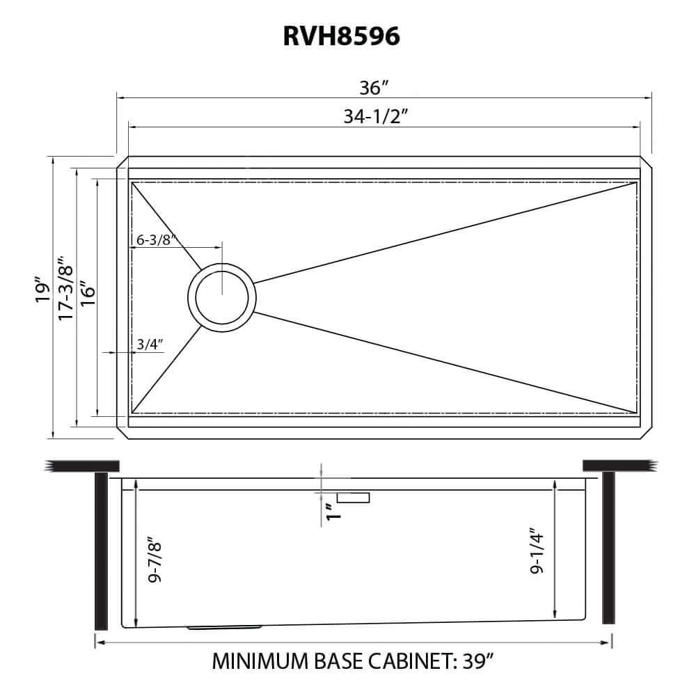 Ruvati Veniso — Tarja Workstation de Cocina en Acero Inoxidable — diagrama de dimensiones