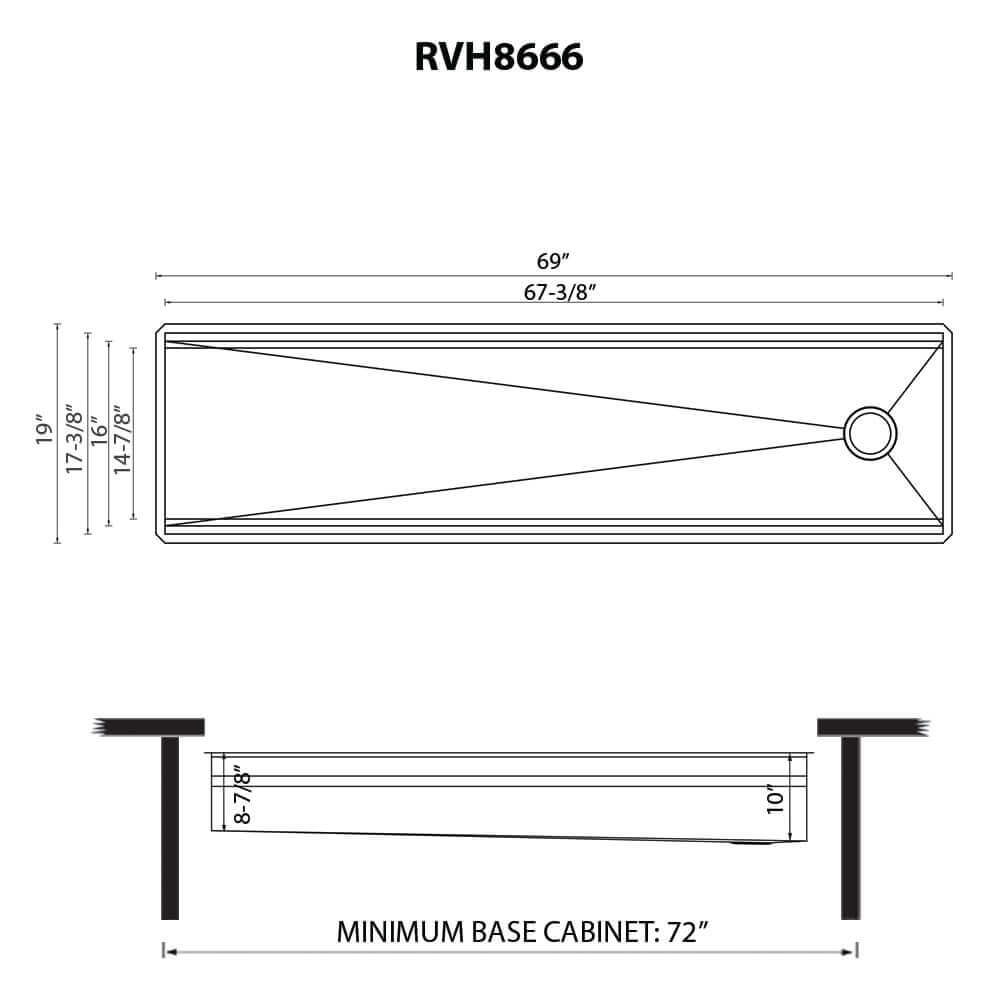 Ruvati Dual-Tier — Tarja Workstation de Cocina en Acero Inoxidable — diagrama de dimensiones