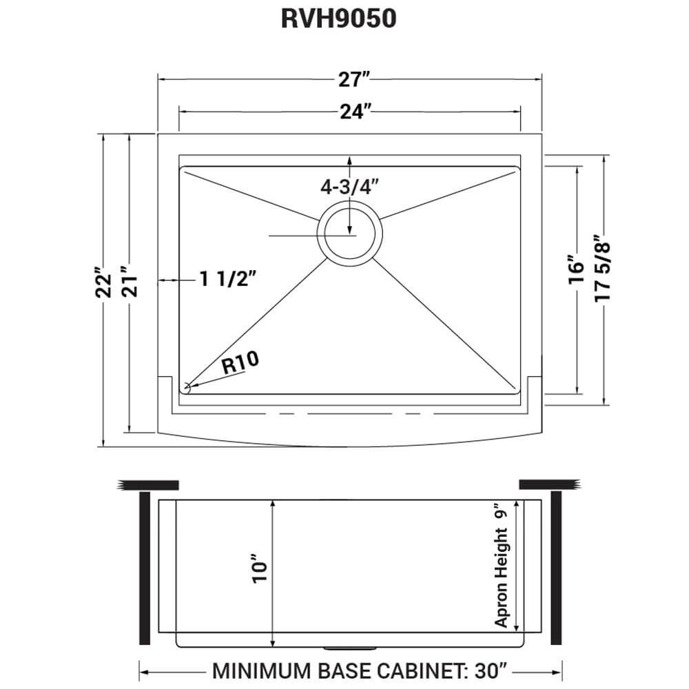 Ruvati Verona — Tarja Farmhouse de Cocina en Acero Inoxidable — diagrama de dimensiones