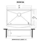 Ruvati Monaco — Tarja Farmhouse de Cocina en Acero Inoxidable — diagrama de dimensiones