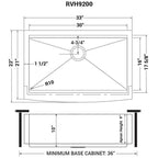 Ruvati Verona — Tarja Farmhouse de Cocina en Acero Inoxidable — diagrama de dimensiones