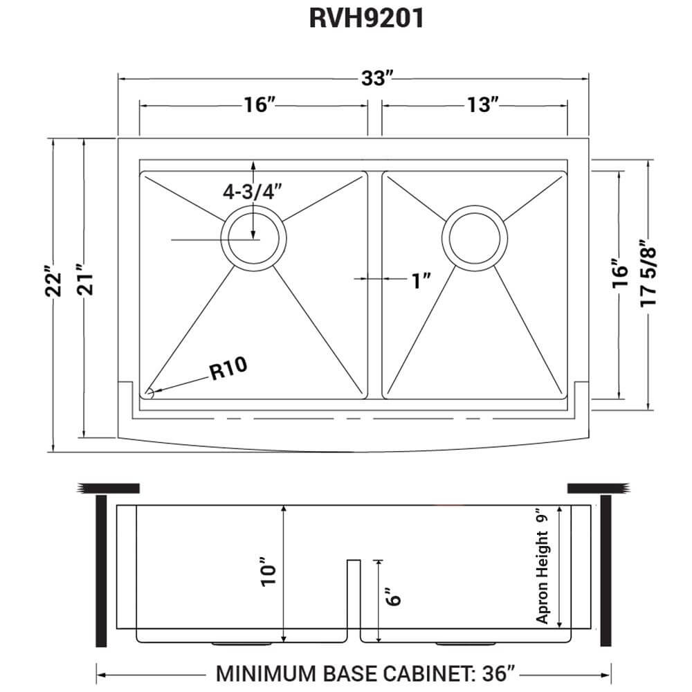 Ruvati Verona — Tarja Farmhouse de Cocina en Acero Inoxidable — diagrama de dimensiones
