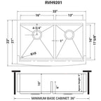Ruvati Verona — Tarja Farmhouse de Cocina en Acero Inoxidable — diagrama de dimensiones