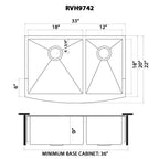 Ruvati Terraza — Tarja Farmhouse de Cocina en Acero Inoxidable — diagrama de dimensiones