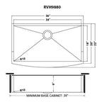 Ruvati Terraza — Tarja Farmhouse de Cocina en Acero Inoxidable — diagrama de dimensiones