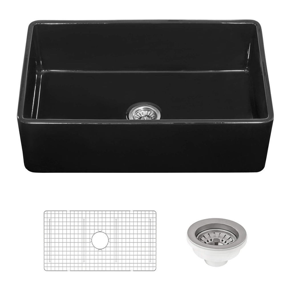 Ruvati Fiamma — Tarja Farmhouse de Cocina de 33 x 20 pulg en Fireclay — Negro Brillante — 1